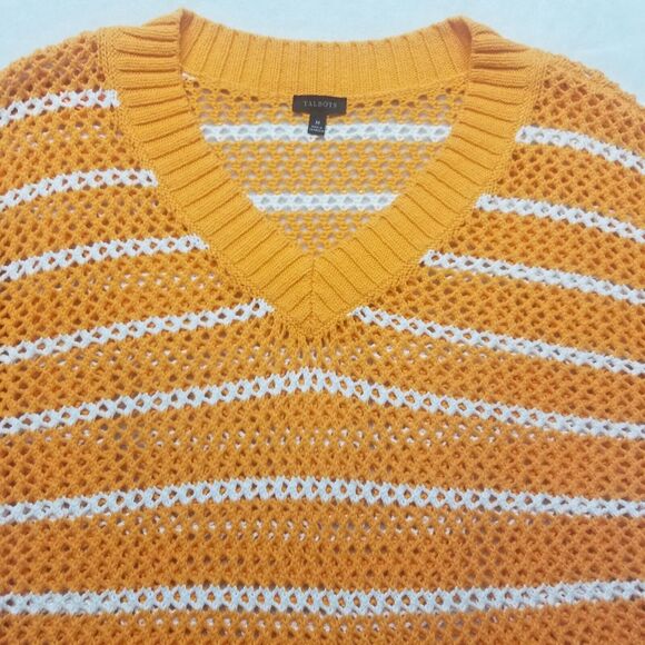 Talbots Medium Sweater Pull Over Open Knit Striped Cotton Orange Crochet Beach - Picture 4 of 8